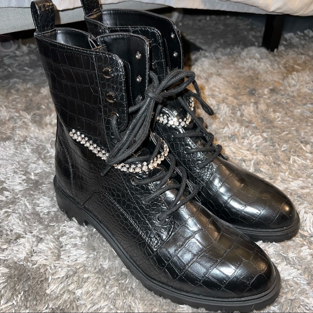 EXPRESS croc embossed combat boots with rhinestone detail